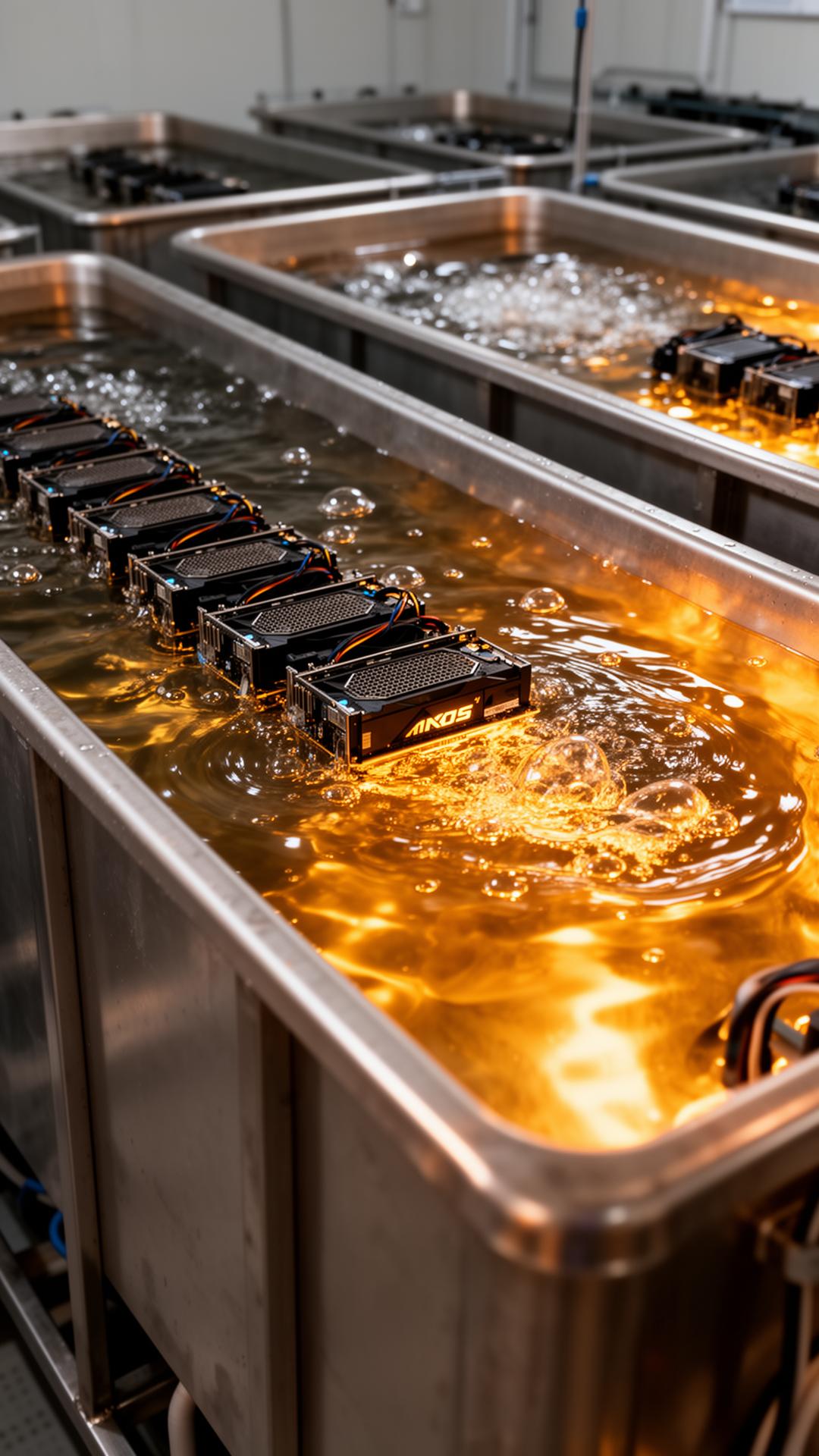 ASIC miners submerged in golden dielectric fluid in immersion-cooling tanks